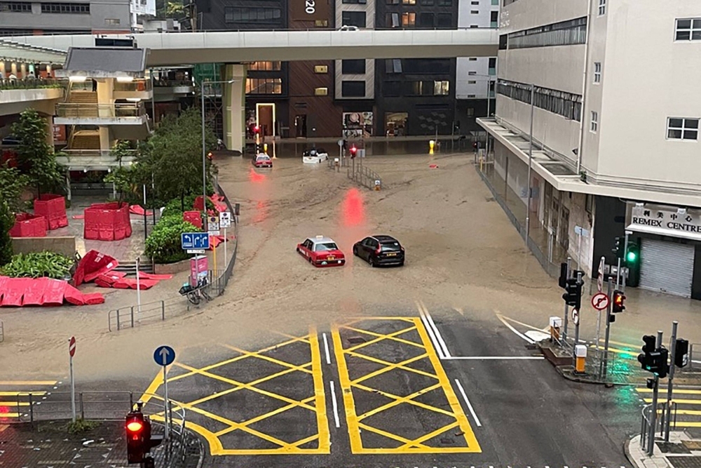 A flooded road in Hong Kong on Friday.