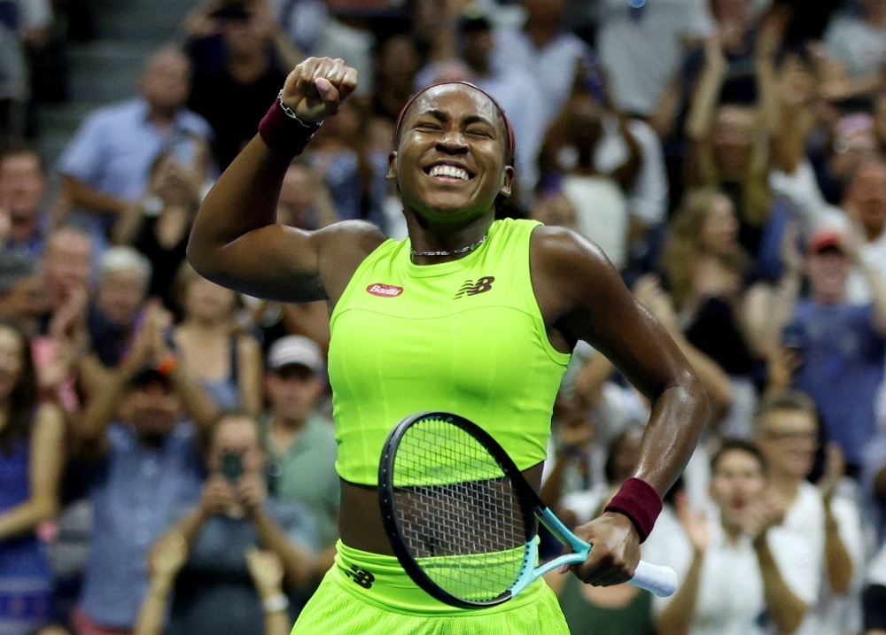 Coco Gauff celebrates after defeating Karolina Muchova in the U.S. Open semifinals in New York on Thursday.