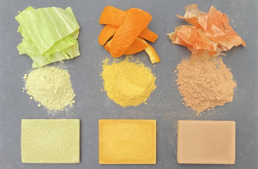 Materials derived from cabbage (left), iyokan (center) and onion by Tokyo-based startup Fabula, which is working to develop new materials that can replace concrete. 