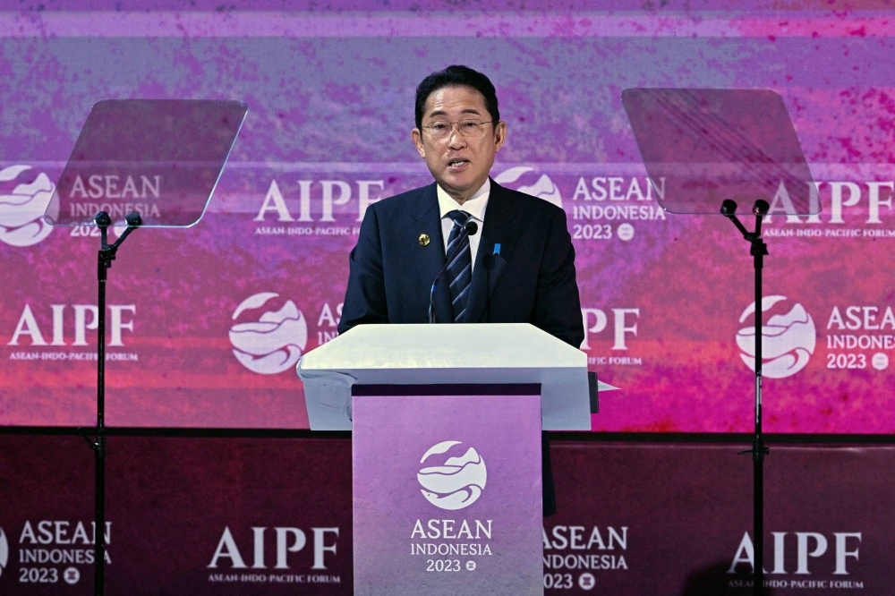 Prime Minister Fumio Kishida speaks during the ASEAN-Indo Pacific Forum in Jakarta on Wednesday. 