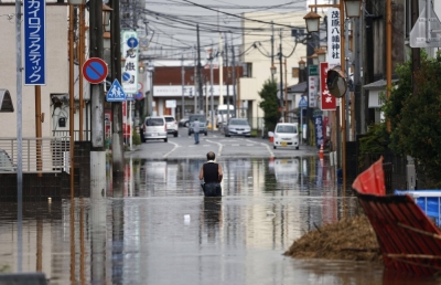 Flooding from heavy rains is seen in Mobara, Chiba Prefecture, on Friday.