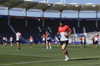 Brave Blossoms captain Kazuki Himeno trains away from his teammates ahead of the team's Rugby World Cup opener against Chile in Toulouse, France, on Saturday.