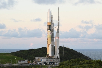 Japan's HII-A rocket carrying a lunar lander is prepared for launch at Tanegashima Space Centre on Tanegashima Island in Kagoshima Prefecture on Aug. 27.