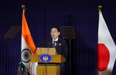 Prime Minister Fumio Kishida speaks during a news conference in New Delhi on Sunday.