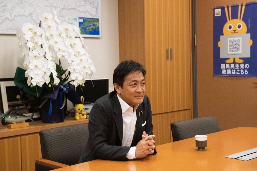 Democratic Party for the People leader Yuichiro Tamaki speaks during an interview in his Tokyo office on September 7