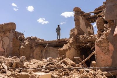A villager amongst the rubble of destroyed buildings following an earthquake near the town of Amizmiz, in the Al Haouz region of Morocco, on Sunday.