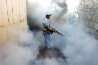 A health ministry worker fumigates a house to kill mosquitoes and curb the spread of dengue, chikungunya and Zika in Managua, Nicaragua. | REUTERS