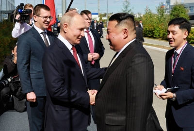 Russian President Vladimir Putin greets North Korean leader Kim Jong Un at the Vostochny Сosmodrome in Russia's far eastern Amur region on Wednesday.