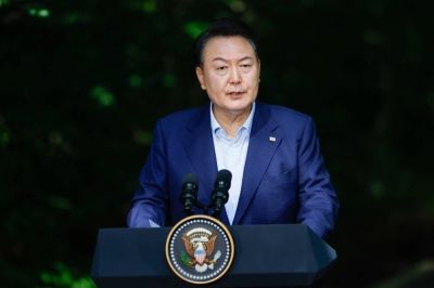 South Korean President Yoon Suk-yeol speaks at a news conference during the trilateral summit at Camp David, Maryland, on Aug. 18.