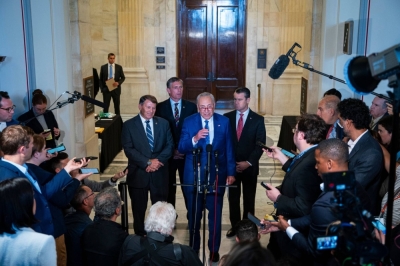 U.S. Senate Majority Leader Chuck Schumer speaks to the media Wednesday after a closed-door Senate meeting on how artificial intelligence should be regulated.