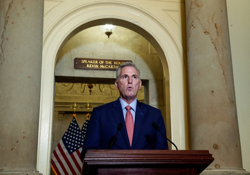 Republican House Speaker Kevin McCarthy delivers remarks Tuesday during a press briefing outside his office on Capitol Hill in which he announces an impeachment inquiry into U.S. President Joe Biden with regard to his role in the business dealings of his son, Hunter Biden.