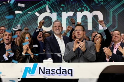 Arm CEO Rene Haas rings the opening bell, as Softbank's Arm, a chip design firm, holds an initial public offering at Nasdaq MarketSite in New York on Thursday.