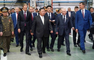 North Korean leader Kim Jong Un visits an aircraft manufacturing plant in the city of Komsomolsk-on-Amur in the Khabarovsk region, Russia, on Friday.