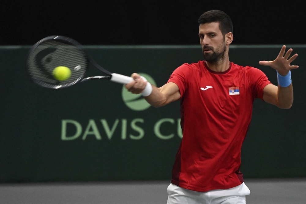 Novak Djokovic practices ahead of the Davis Cup in Valencia, Spain, on Wednesday.