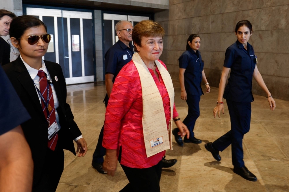 International Monetary Fund Managing Director Kristalina Georgieva walks after attending an interview at the International Media Center at the Group of 20 summit in New Delhi on Sept. 10.