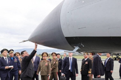 North Korean leader Kim Jong Un, accompanied by Russian Defence Minister Sergei Shoigu and other officials, inspects a Russian Kinzhal hypersonic missile put on display at the Knevichi aerodrome near Vladivostok, Russia, on Saturday.
