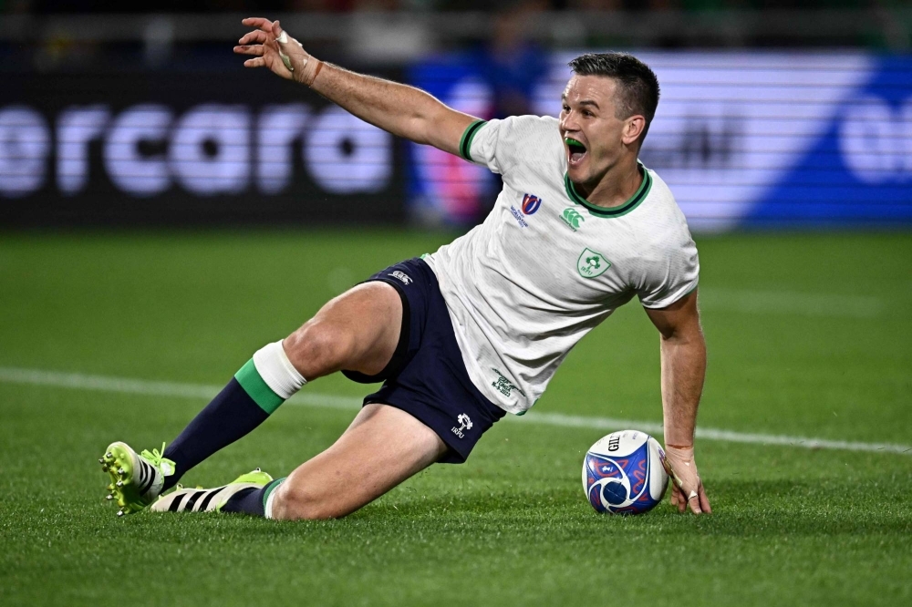 Ireland fly-half Johnny Sexton celebrates his try against Tonga during their 2023 Rugby World Cup Pool B match in Nantes, France, on Saturday.