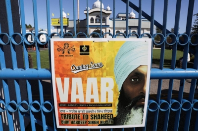 A sign outside the Guru Nanak Sikh Gurdwara temple is seen after the June killing of Sikh leader Hardeep Singh Nijjar, in British Columbia, Canada, on Monday.