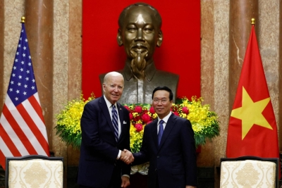 U.S. President Joe Biden meets with Vietnam's President Vo Van Thuong at the Presidential Palace in Hanoi.