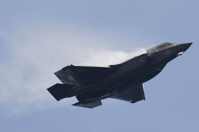 A U.S. Marine Corps F-35B Lightning II, a short takeoff and vertical landing (STOVL) version of the Joint Strike Fighter aircraft, flies past during a preview at the Singapore Airshow in Singapore in 2022.