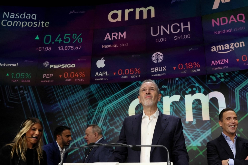 Arm CEO Rene Haas participates in the opening bell ceremony, as Softbank's Arm holds an initial public offering at Nasdaq Market site in New York on Thursday.