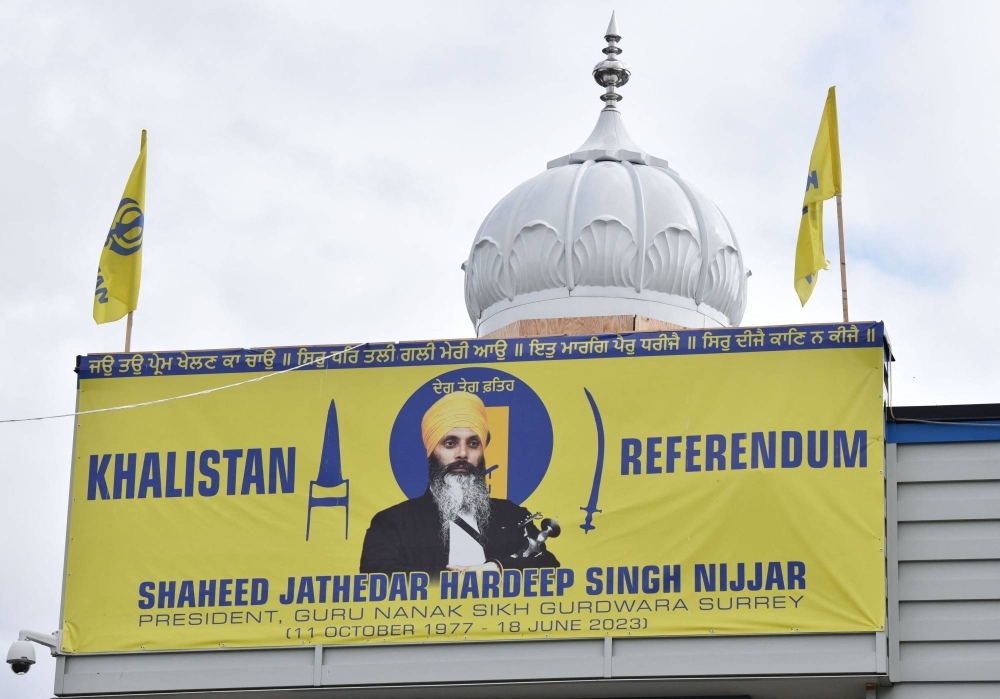 An image of Jathedar Hardeep Singh Nijjar at the Guru Nanak Sikh Gurdwara temple in Surrey, British Columbia, Canada, on Tuesday. Prime Minister Justin Trudeau has demanded that India treat Canada's allegations of Nijjar's killing with "utmost seriousness."