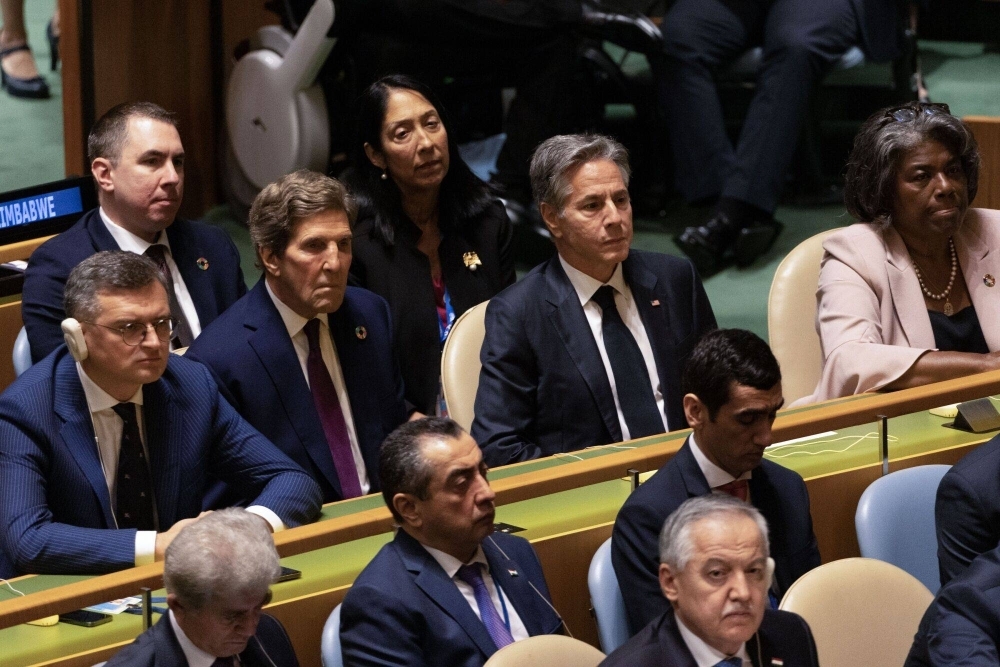 Linda Thomas-Greenfield, U.S. ambassador to the United Nations (right), Antony Blinken, U.S. secretary of state (center right), and John Kerry, U.S. special presidential envoy for climate (center left), attend the United Nations General Assembly in New York on Tuesday.