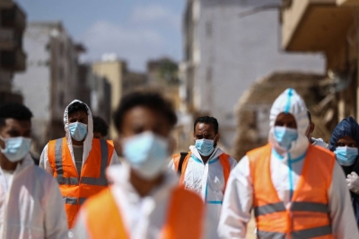 Search and rescue volunteers in Derna, Libya, on Tuesday.
