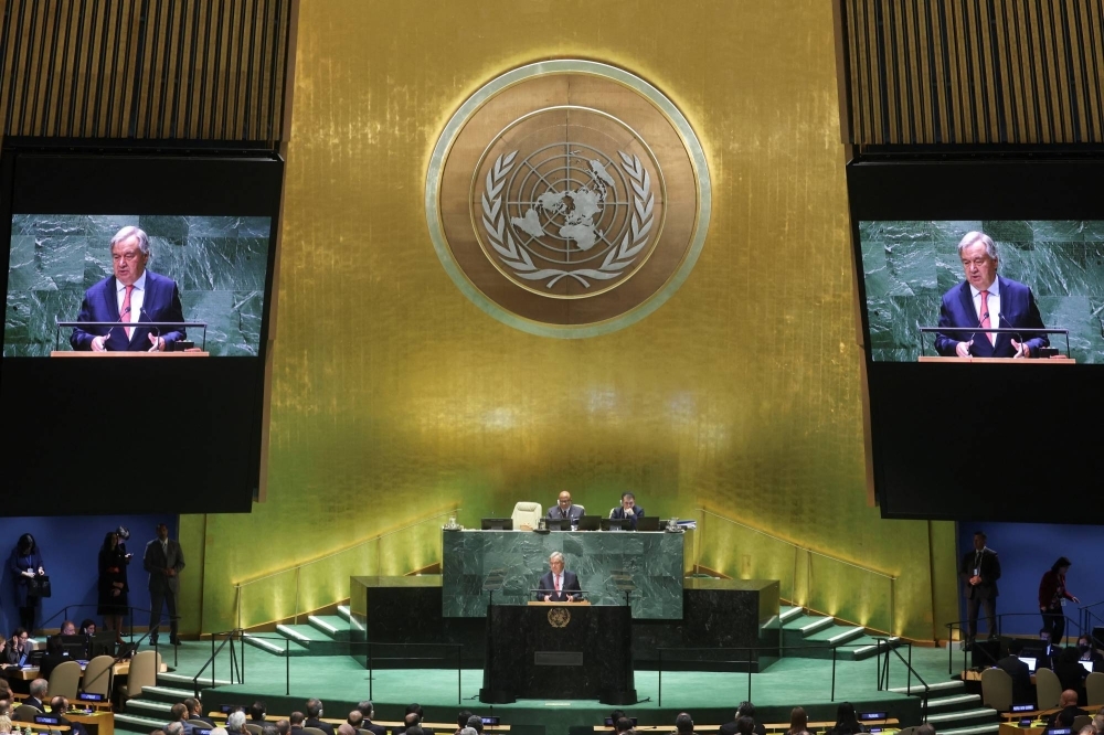 United Nations Secretary-General Antonio Guterres addresses the 78th Session of the U.N. General Assembly in New York on Tuesday.
