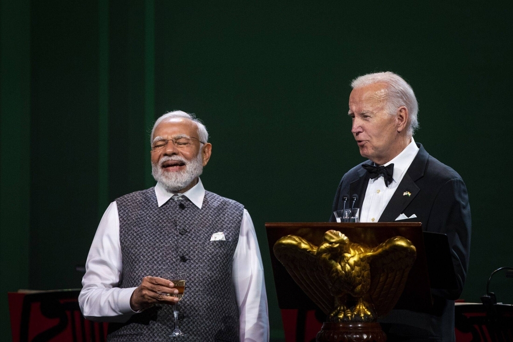 Indian Prime Minister Narendra Modi and U.S President Joe Biden during a state dinner at the White House in Washington in June