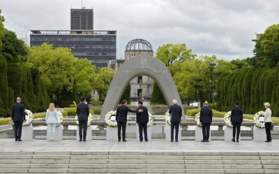 Group of Seven leaders, including Prime Minister Fumio Kishida (center), lay floral wreaths at the Cenotaph for Atomic Bomb Victims in the Peace Memorial Park in Hiroshima on May 19.