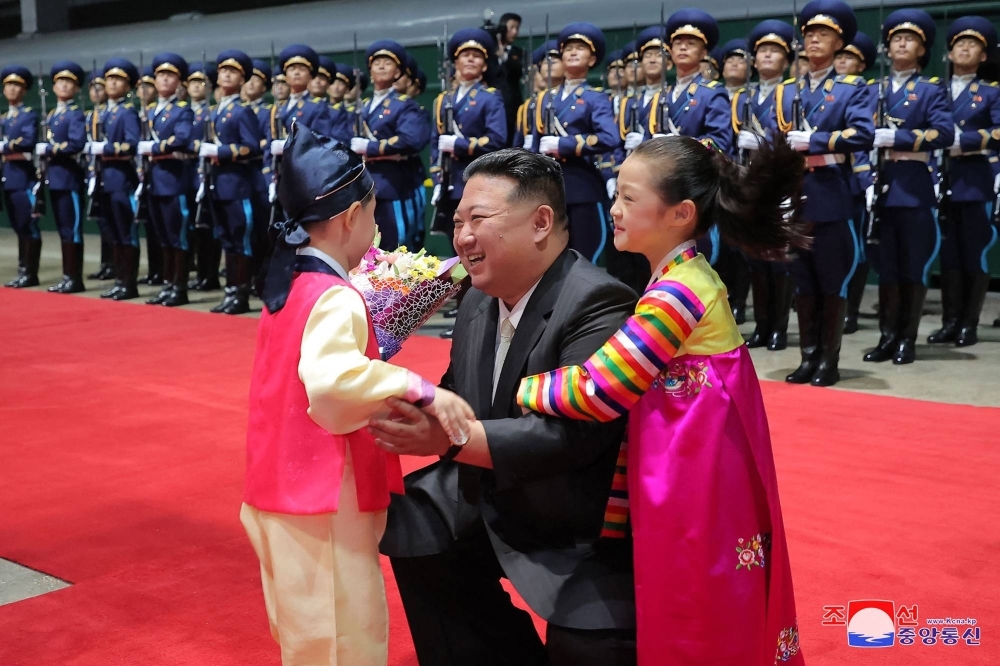 North Korean leader Kim Jong Un receives a welcome at Pyongyang Station after his return from Russia on Tuesday.