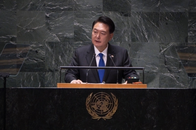 South Korean President Yoon Suk Yeol addresses the 78th session of the United Nations General Assembly at U.N. headquarters in New York on Wednesday.