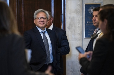 Jensen Huang, CEO of NVIDIA, arriving at the bipartisan A.I. Insight Forum organized by Senate Majority Leader Chuck Schumer, along with labor union leaders and civil society groups, at the Capitol in Washington on Sept. 13.