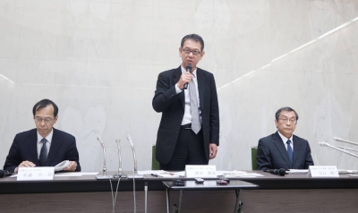 Takao Masuda, executive vice president of research management at Hokkaido University, speaks at a news conference in Sapporo on Wednesday.
