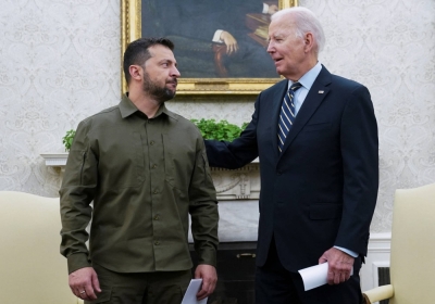U.S. President Joe Biden meets with Ukrainian President Volodymyr Zelenskyy in the Oval Office at the White House in Washington on Thursday.