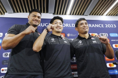 Japan wing Siosaia Fifita (left), scrum-half Kenta Fukuda (center) and fly-half Jumpei Ogura on Thursday in Toulouse, France, where the national team is based for the Rugby World Cup