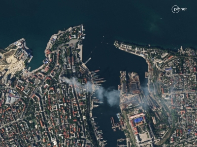 A satellite image shows smoke billowing from a Russian Black Sea Navy headquarters after a missile strike, as Russia's invasion of Ukraine continues, in Sevastopol, Crimea, on Friday. 