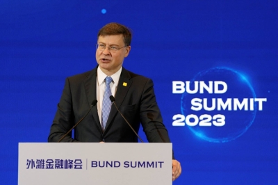 European Union trade chief Valdis Dombrovskis speaks at the Bund Summit in Shanghai on Saturday.