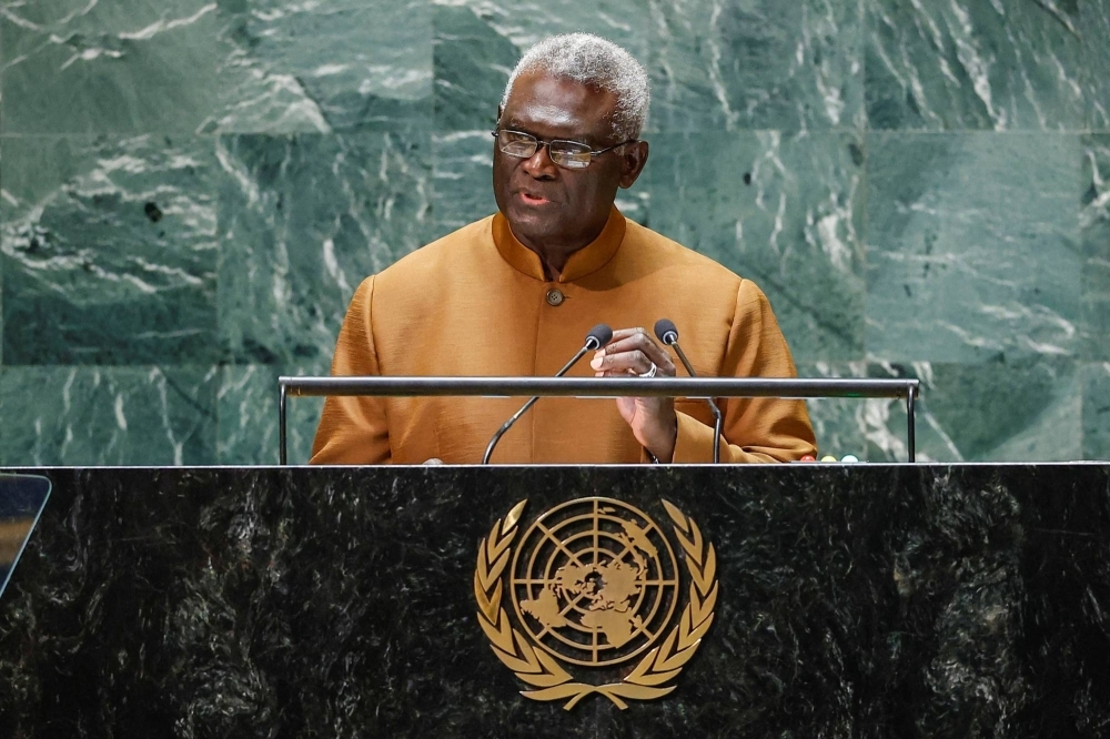 Solomon Islands Prime Minister Manasseh Sogavare addresses the 78th Session of the U.N. General Assembly in New York City on Friday.
