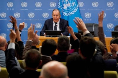 Russian Foreign Minister Sergey Lavrov attends a news conference after addressing the 78th Session of the U.N. General Assembly in New York City on Saturday.