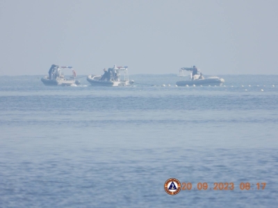 China Coast Guard and other vessels install a floating barrier in a flash point area of the contested South China Sea, just 230 kilometers from the Philippine coast on Friday, in this image posted to X on Sunday.