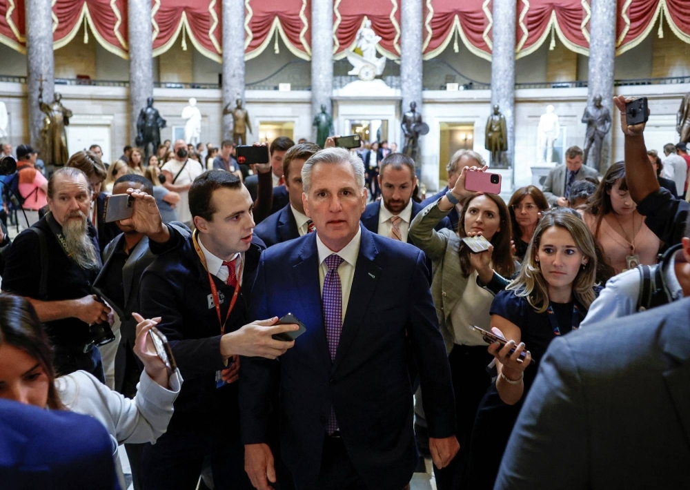 U.S. House Speaker Kevin McCarthy speaks with reporters after opening the House floor at the U.S. Capitol in Washington, on Sept. 18.
