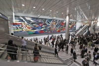 Taro Okamoto's "Myth of Tomorrow," a mural installed on the wall of a walkway at Tokyo's Shibuya Station | Taro Okamoto Memorial Foundation for the Promotion of Contemporary Art / via Kyodo