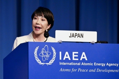 Sanae Takaichi, minister in charge of science and technology policy, speaks at an annual meeting of the International Atomic Energy Agency in Vienna on Monday.