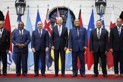 U.S. President Joe Biden poses for a photograph with Pacific Islands Forum leaders on the South Portico of the White House in Washington on Monday.