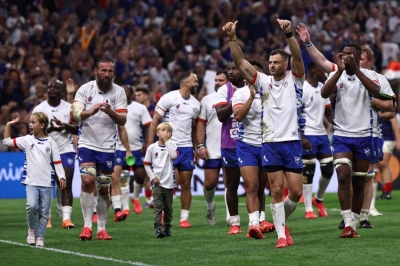 Namibia's players acknowledge the crowd after their 96-0 defeat to France at the 2023 Rugby World Cup in Marseille, France, on Thursday.