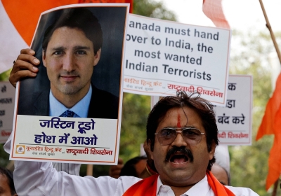 United Hindu Front activists protest in New Delhi on Sunday over Canadian Prime Minister Justin Trudeau's allegations of Indian involvement in the assassination of a Sikh independence proponent back in Canada.