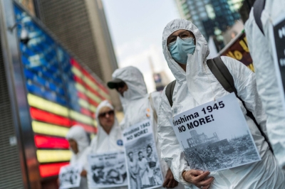 Anti-war demonstrators mark the 78th anniversary of the United States' 1945 atomic bomb attack on Hiroshima with a march and protest in New York's Times Square on Aug. 6.