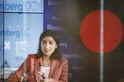 Lina Khan, chair of the U.S. Federal Trade Commission (FTC), speaks during an interview in Washington on Tuesday. The FTC has sued Amazon.com, accusing the e-commerce giant of monopolizing online marketplace services by degrading quality for shoppers and overcharging sellers.